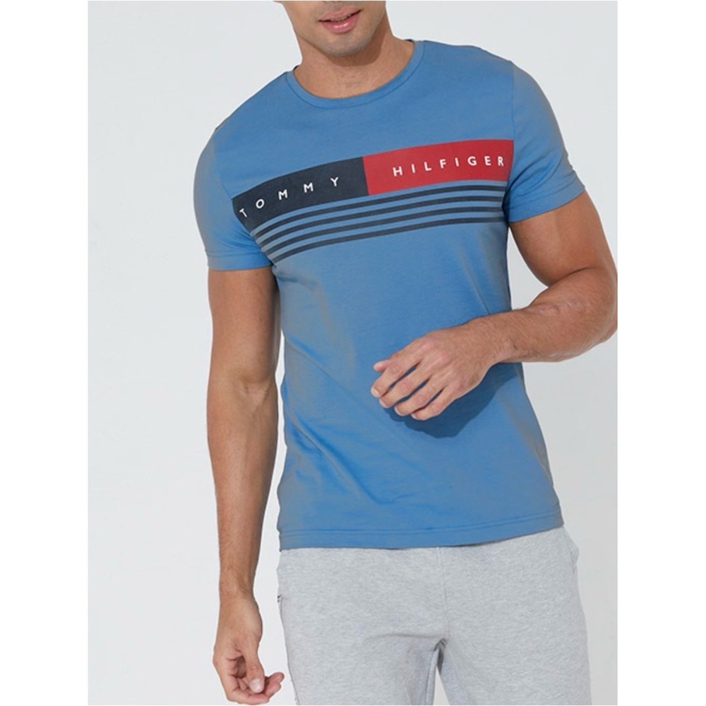 Tommy Hilfiger Men's Blue Bar Logo 3 XLT Crew Neck T-Shirt